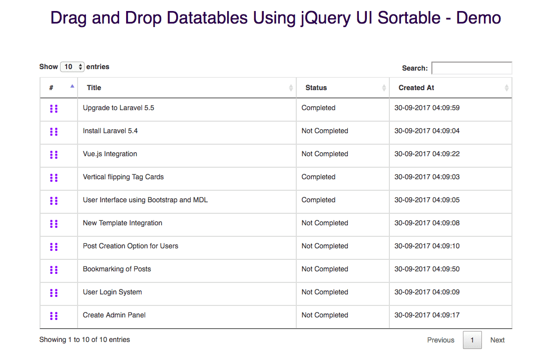 Drag and Drop Datatables Using jQuery UI Sortable - Demo