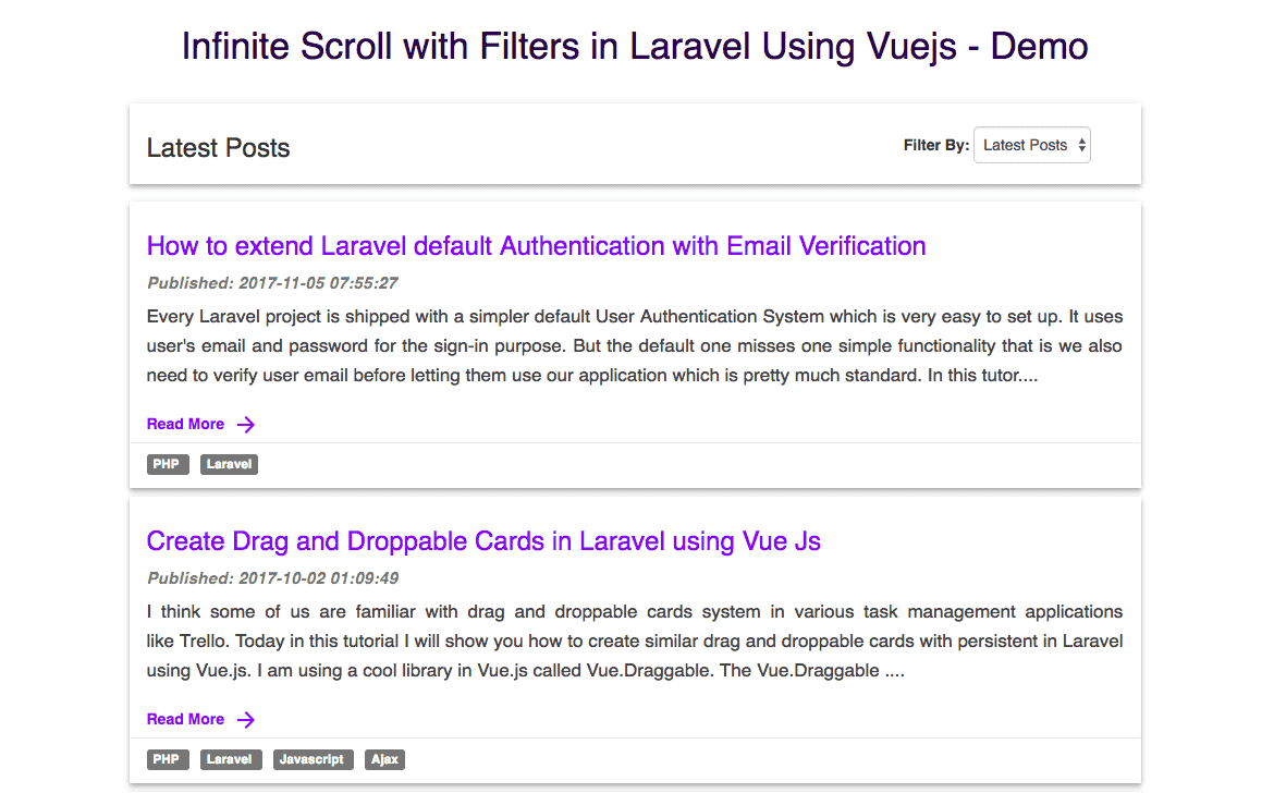 Infinite Scroll with Filters in Laravel Using Vuejs - Demo ShareurCodes.com